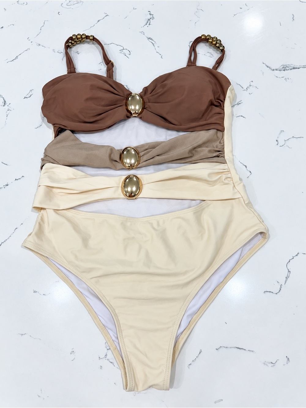 SHEIN Brown Cream Colorblock Cutout One Piece Swimsuit Gold Detail Size M